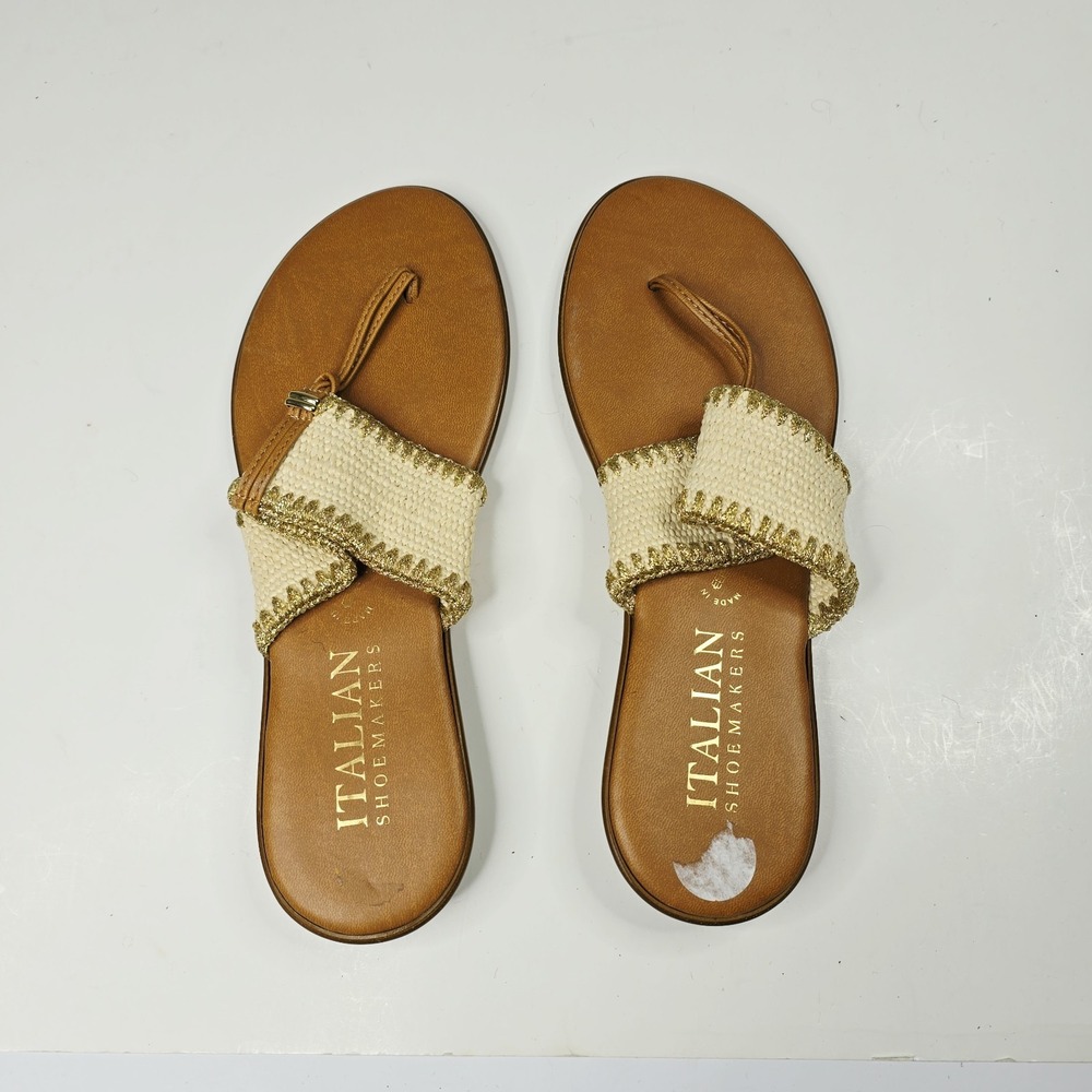 Italian Shoemakers Trusty Sandals Womens 9.5 Raffia Gold Woven Thong Wedge Italy